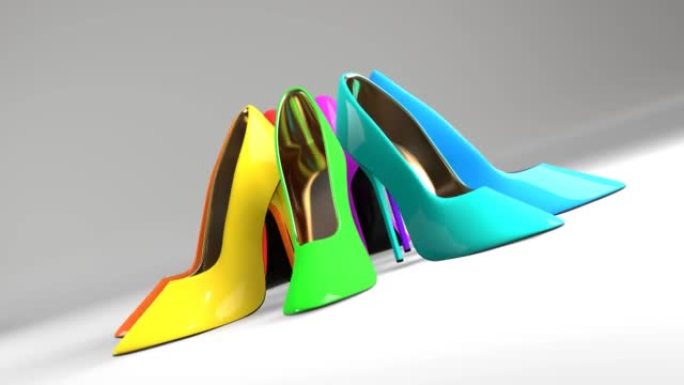 一组彩色女鞋在白色背景上旋转3D 4k循环动画