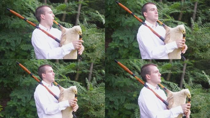专注的男性风笛演奏者在森林中快速缩放