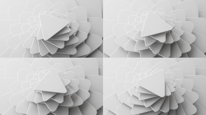 循环3d动画，抽象几何背景。白色三角形卡片逆时针旋转。移动层