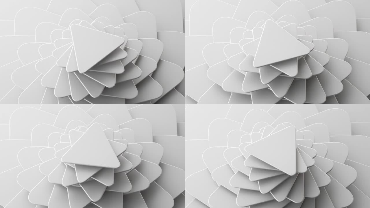 循环3d动画，抽象几何背景。白色三角形卡片逆时针旋转。移动层
