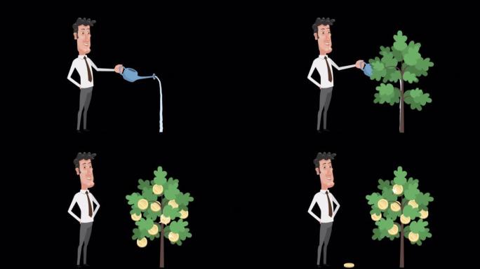 卡通男店员角色用金币种植摇钱树动画用阿尔法频道