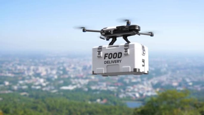 食品配送无人机，自主配送机器人，商务空运概念。