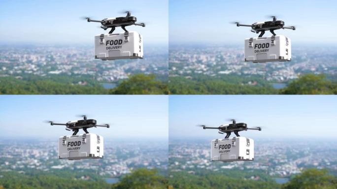 食品配送无人机，自主配送机器人，商务空运概念。