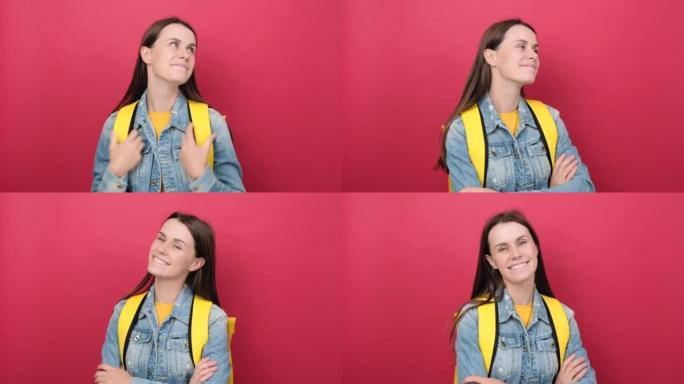 快乐的年轻学生女人，黄色背包抬头，在工作室的红色背景墙上孤立地摆姿势，带有推广内容的复制空间。大学学