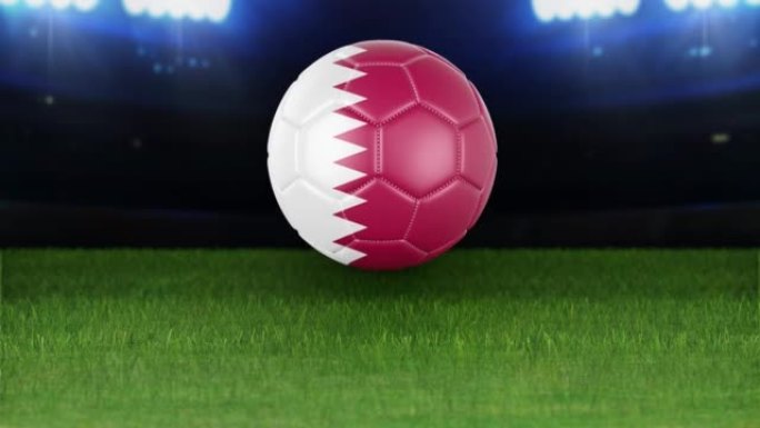 卡塔尔国旗足球，带灯跳入体育场。足球场和球，4k分辨率，循环-股票视频
