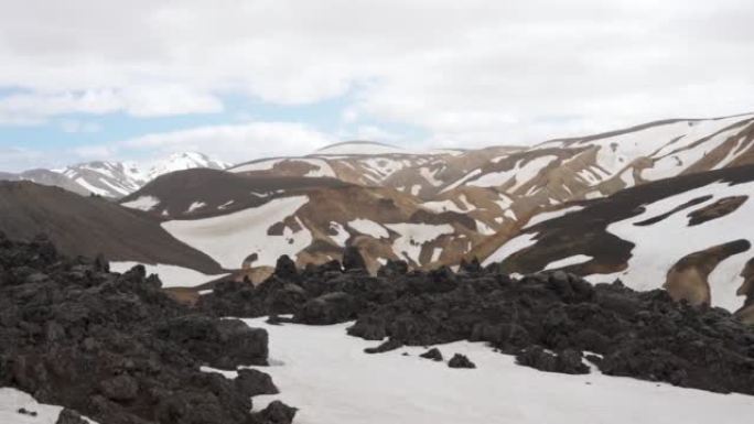 夏季冰岛高地的布兰妮斯坦萨尔达小径火山山和雪覆盖在Landmannalaugar