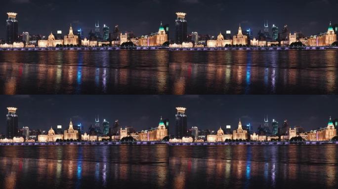 夜晚美丽的上海外滩风景，黄浦江倒影的黄金城，4k慢镜头。