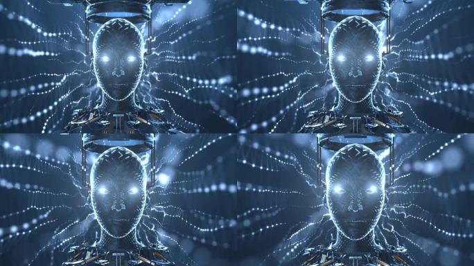 抽象未来派4k蓝白人工智能平视显示器机器机器人粒子背景概念