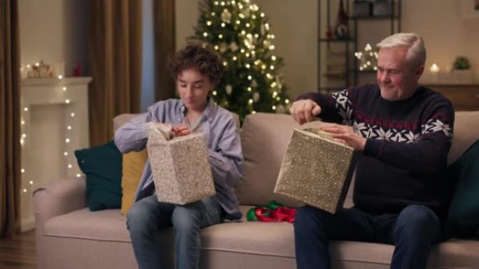爸爸和儿子坐在客厅的沙发上，微笑着拿着圣诞礼物。他们撕开包裹盒子的纸，等待惊喜。圣诞树在后面闪烁
