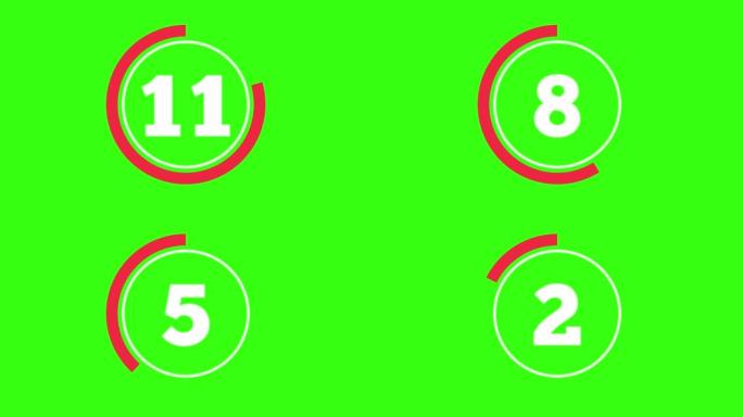 绿色屏幕上带有红色动画指示器的15秒倒数计时器。色度键背景上的红色和白色。