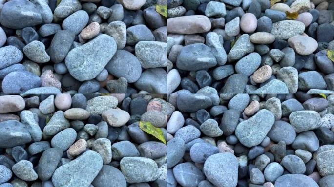 沉船海滩，塔海滩，阿卡迪亚海滩温哥华海滩海滩上有石头，相机慢慢游动，拍下它们的特写，它们是不同大小的