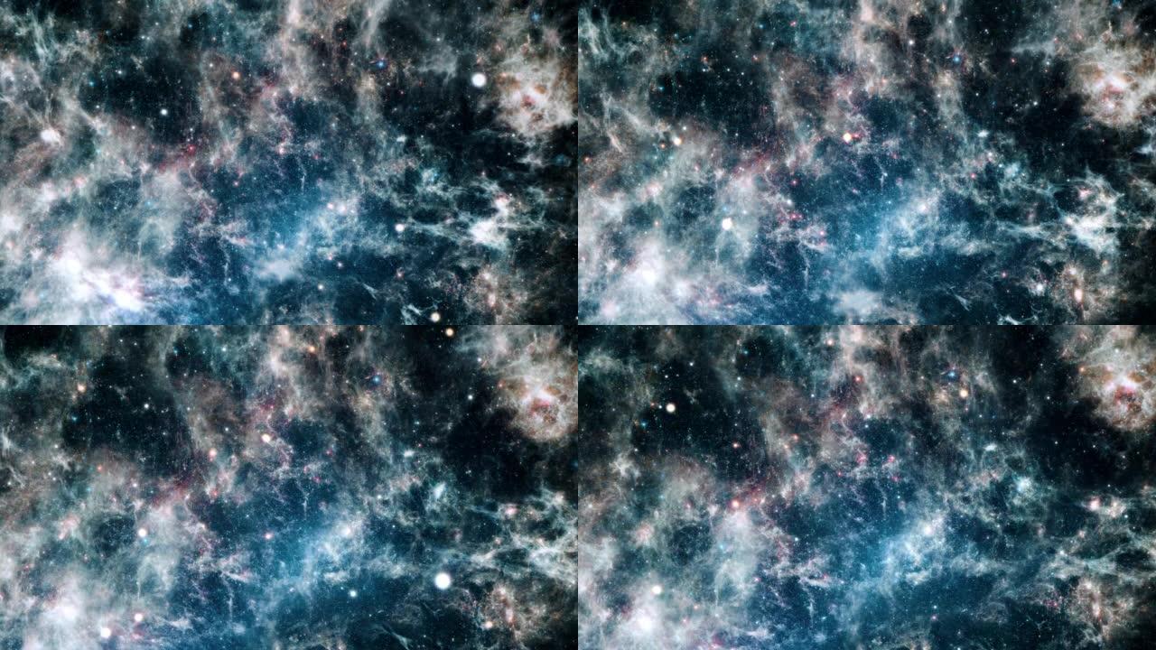太空纳布拉探索穿越大麦哲伦云星系抽象背景。在发光的星云、云和星星中飞行的动画。4k在深空中飞过云层和
