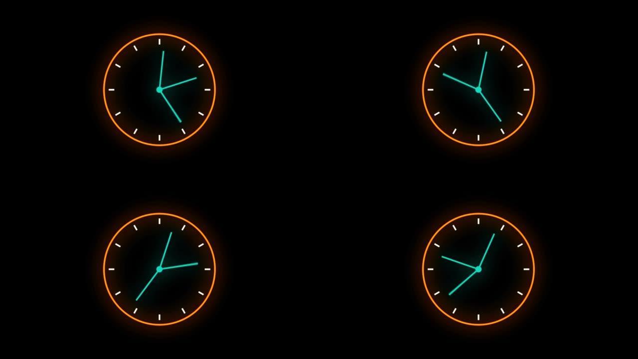 抽象橙色蓝色时钟，黑色背景上有移动箭头倒计时1小时