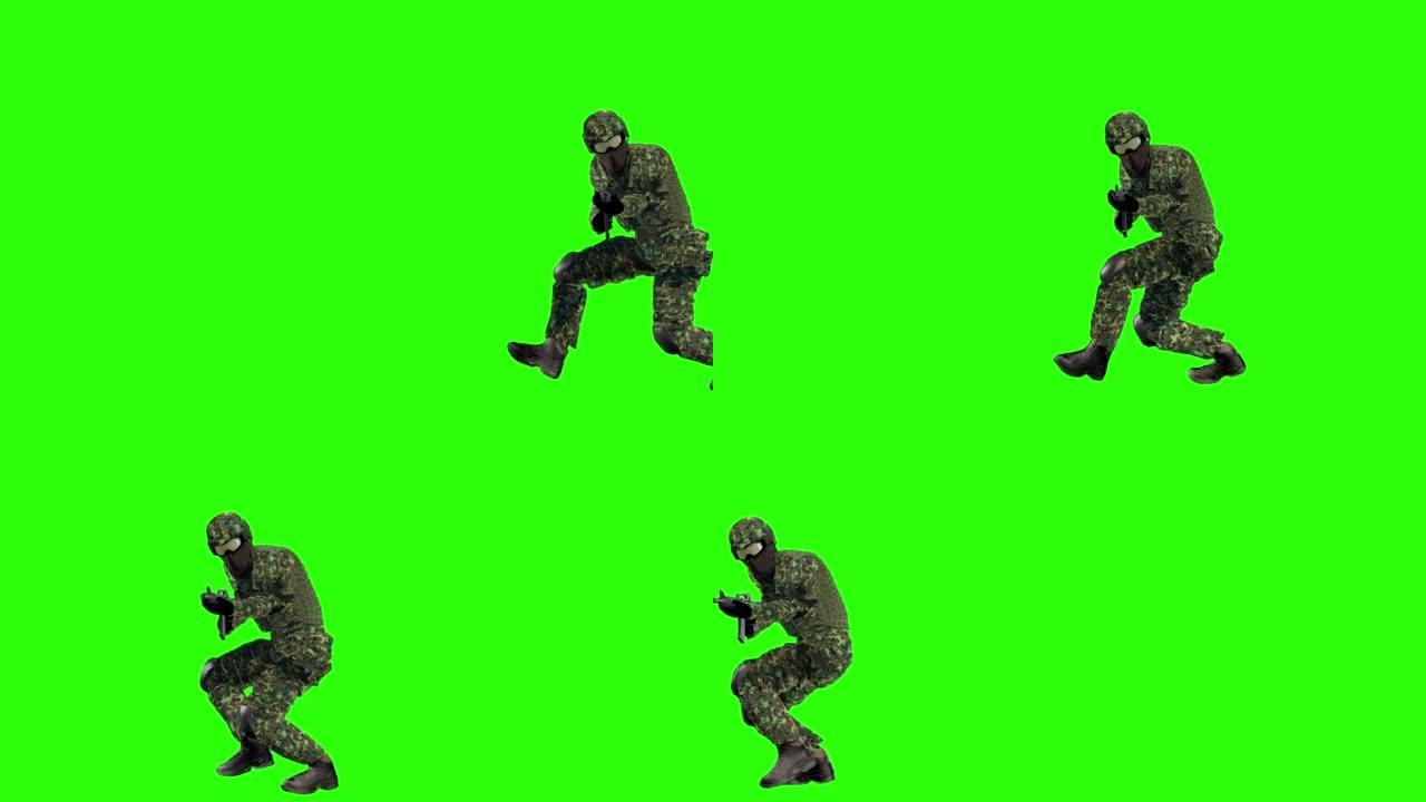 身穿迷彩服的士兵在绿色背景上拿着武器走着。绿色的屏幕。3 d动画。