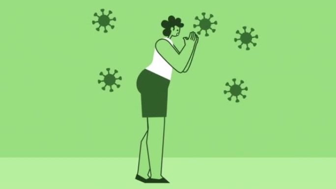 绿色风格的女人扁平性格咳嗽和打喷嚏病毒。带有Alpha通道的孤立动画