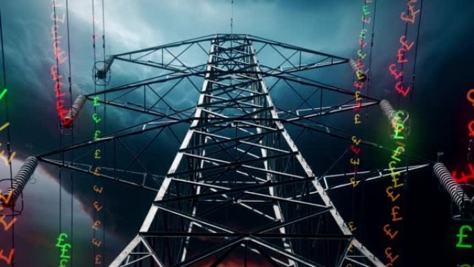 一个电力塔的特写镜头，显示英国的钱沿着电力线行进。英国货币符号从绿色变为红色，以显示价格上涨。电力危