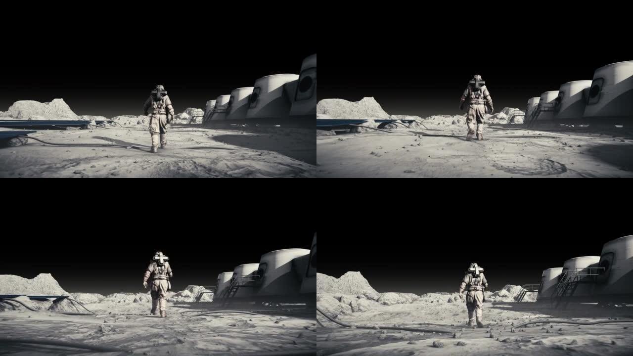 勇敢的宇航员穿着太空服自信地与阿尔法通道一起在月球表面行走。火星殖民地和基地，火星探测器月球表面，散