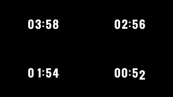 4k数字滑动倒计时实时时钟定时器在5分钟或300秒到零秒。黑色背景上的白色文本编号。覆盖概念的元素