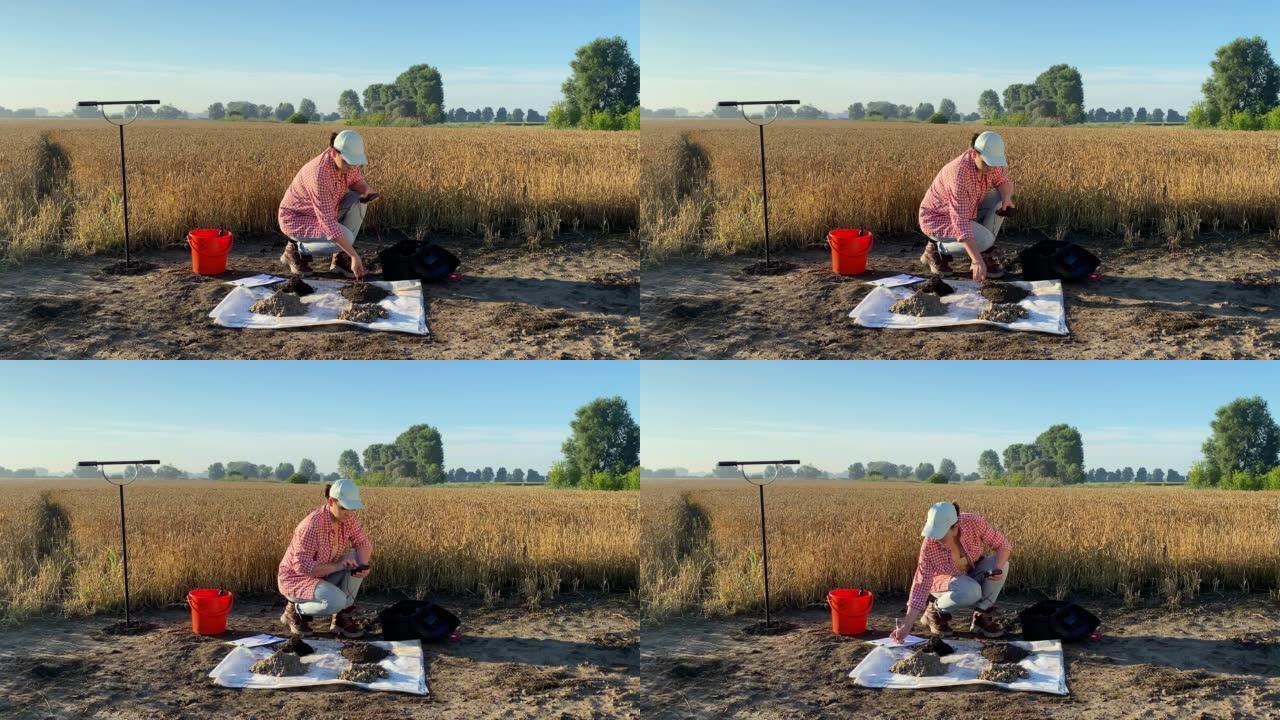 女性农学家通过在室外使用土壤测试仪测量土壤特征