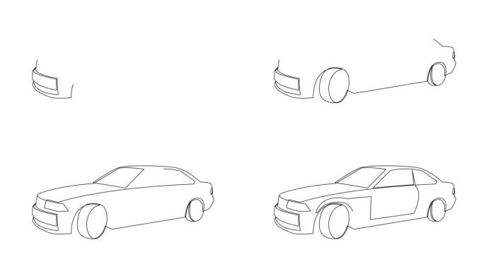 单线绘制运动型汽车的自画动画。赛车车辆运输概念。一条连续的线。全长动画插图。