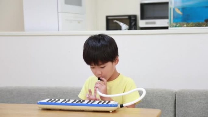 练习键盘口琴的男孩