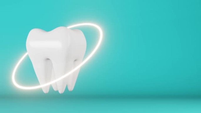 白色健康磨牙3D动画循环蓝色背景。搪瓷美白牙膏牙垢斑去除全国牙医日智齿拔牙。口腔护理。牙科保险诊所旗