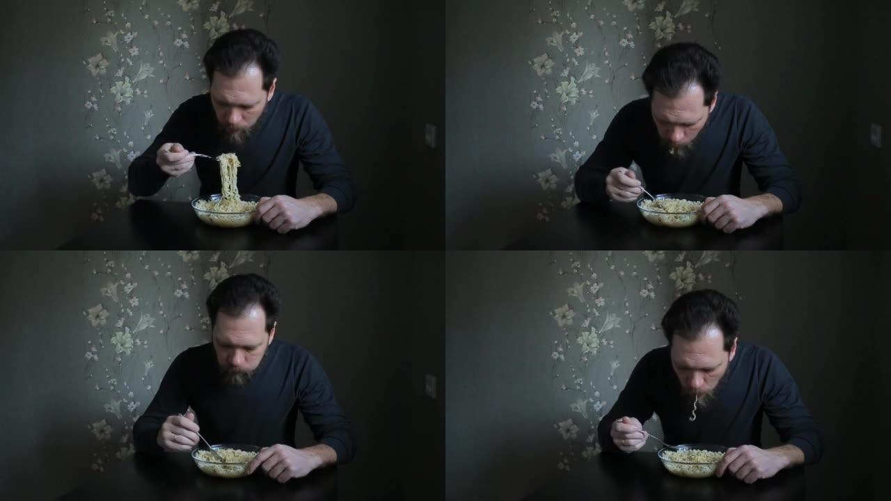 bearded man eating instant noodles.