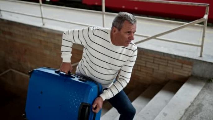 腰酸背痛的老人在火车站提着沉重的行李箱上楼梯