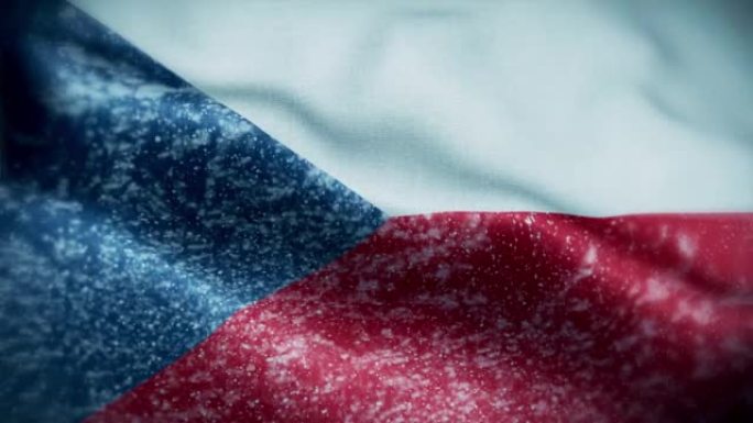 4K暴风雪/雪在捷克国旗股票视频。冷淡的捷克国旗。旋转/旋转的冰晶。雪花掠过捷克共和国国旗。