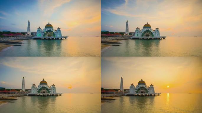美丽的公共清真寺的4k延时也被称为马六甲海峡清真寺。泛右效应