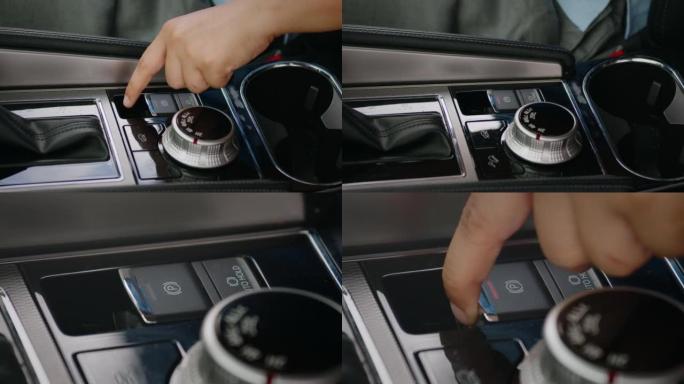 驾驶员手指按下驻车制动按钮。现代汽车自动驻车制动器。运输和车辆概念。