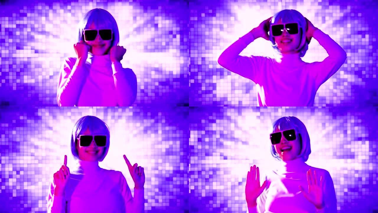 Metaverse概念，年轻女子穿着白衬衫和大眼镜在运动3d背景上跳舞。4k视频亚洲女孩未来风格。