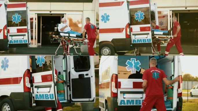紧急救援队紧急将一名老病人送入救护车