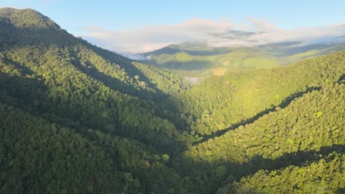 萨潘村的鸟瞰图。青山绿水原始森林