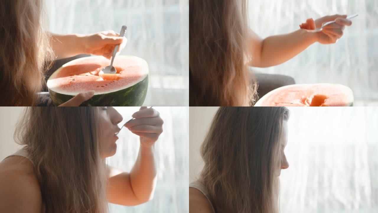 相机在运动中，女孩拿着一个大西瓜，用勺子吃掉，高兴地闭上眼睛。来自窗户的阳光