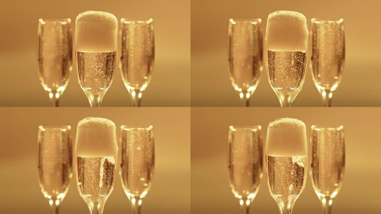 用于豪华社交派对的香槟，玻璃杯和泡沫饮料特写广告。昂贵，优雅和成就酒精饮料的特殊活动庆祝复制空间。