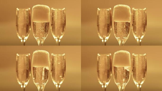 用于豪华社交派对的香槟，玻璃杯和泡沫饮料特写广告。昂贵，优雅和成就酒精饮料的特殊活动庆祝复制空间。