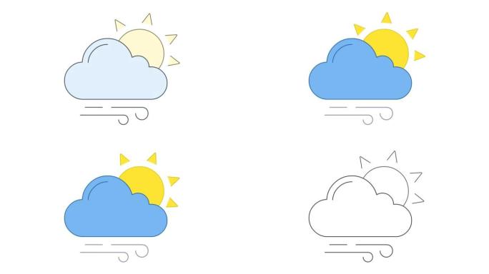 太阳，云和风在蓝天线艺术矢量动画中吹动。阳光，多云大风天气预报，气象简单轮廓图标视频。晴天阴天运动图