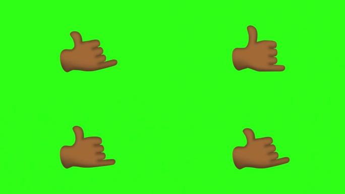 呼叫或沙卡手动画，手势。无缝可循环。绿色屏幕背景的4K卡通表情符号表情动画。社交媒体表达情感和感受分