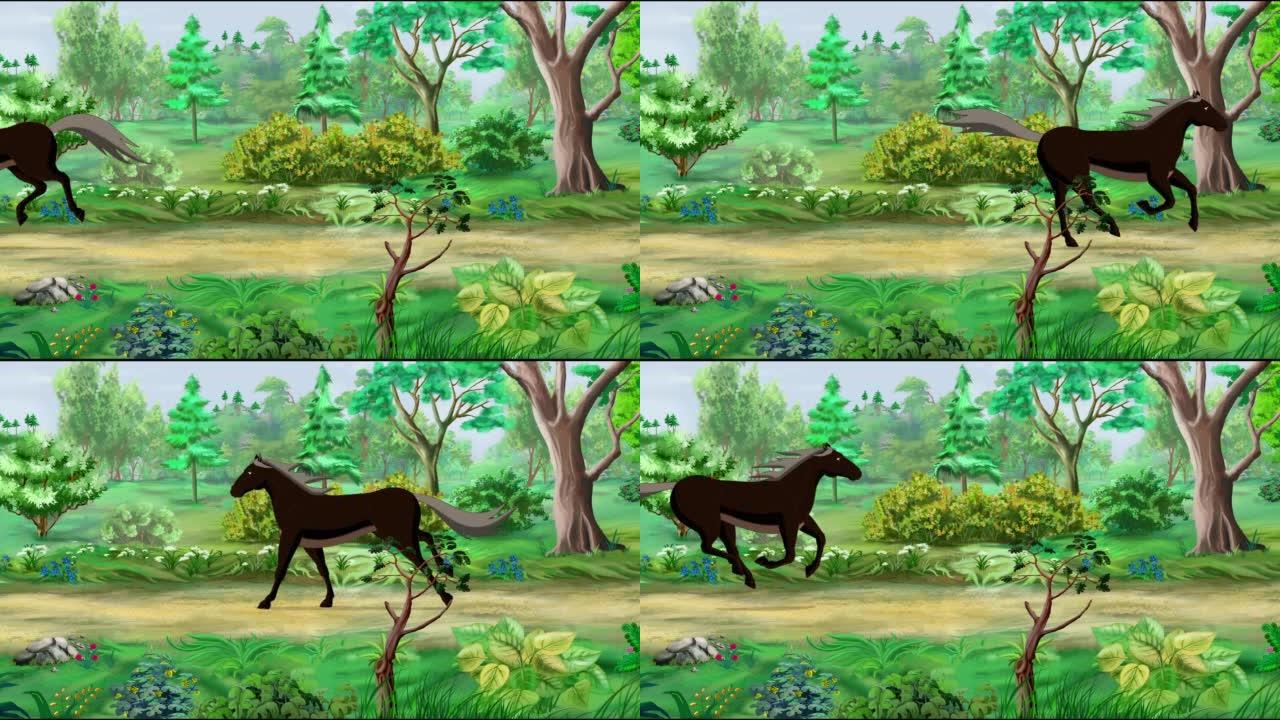 野生黑马在森林中疾驰