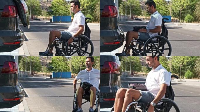 穿着短裤和坐在轮椅上的白衬衫的残疾人接近汽车后备箱拿包