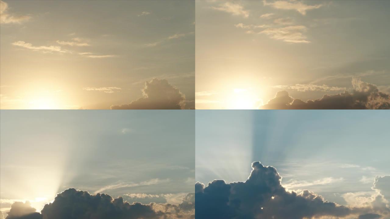 早晨美丽的日出，起伏的云层覆盖阳光，4k延时视频，带有云层背景的美丽天空，b滚动镜头。