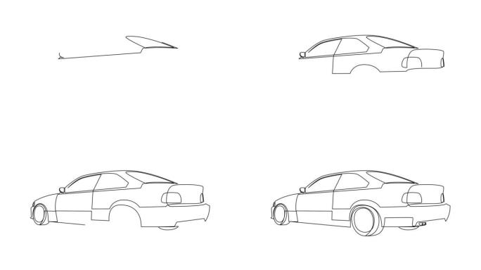 单线绘制运动型汽车的自画动画。4K。