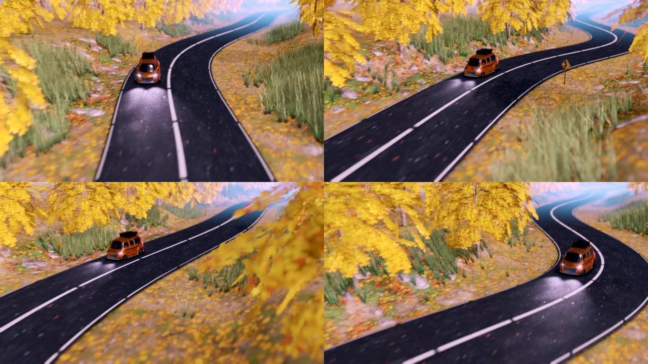 一辆MPV汽车在秋天的山谷中沿着蜿蜒的道路行驶的上方的场景，以3D渲染并以循环显示。场景以3D形式循