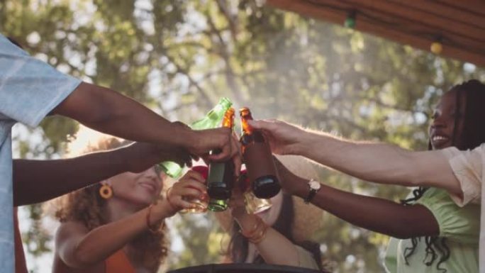 多元化的朋友在避暑别墅的烧烤派对上碰碰啤酒瓶
