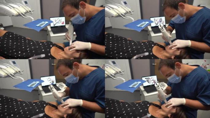 牙科诊所，牙医对说谎的患者进行3d扫描的详细信息
