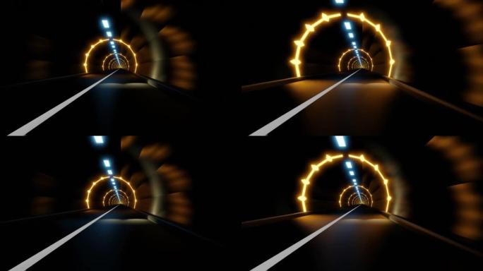3d抽象模拟照明地下隧道中汽车的运动。运动图形电影