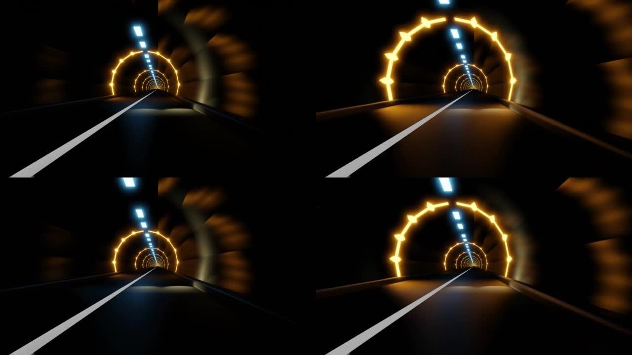 3d抽象模拟照明地下隧道中汽车的运动。运动图形电影