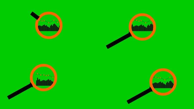 放大镜的动画橙色和黑色图标。数据图。放大镜的象征。分析的概念。循环视频。矢量插图孤立在绿色背景上。