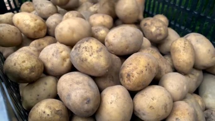 许多新鲜土豆在慢动作中掉落和旋转